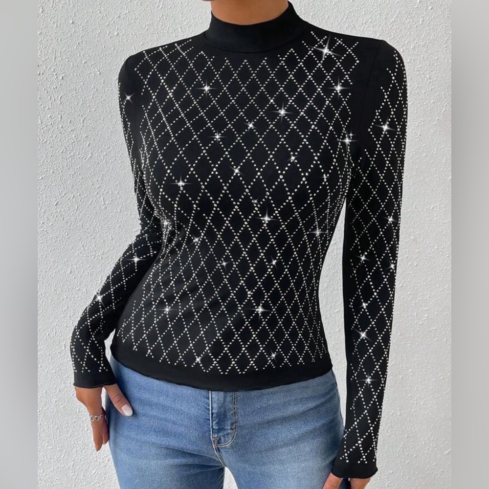 Women's Embellished Rhinestone Geo Pattern Mock Neck Long Sleeve Fitted Tops